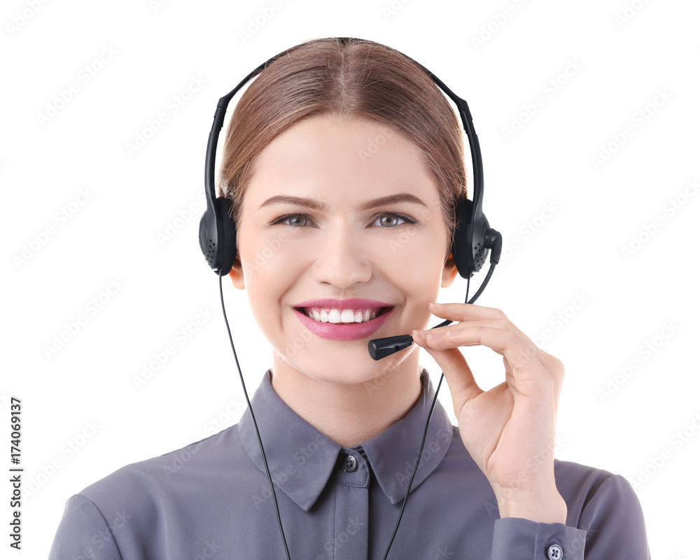 Young woman with headset on white background Young woman with headset on white background