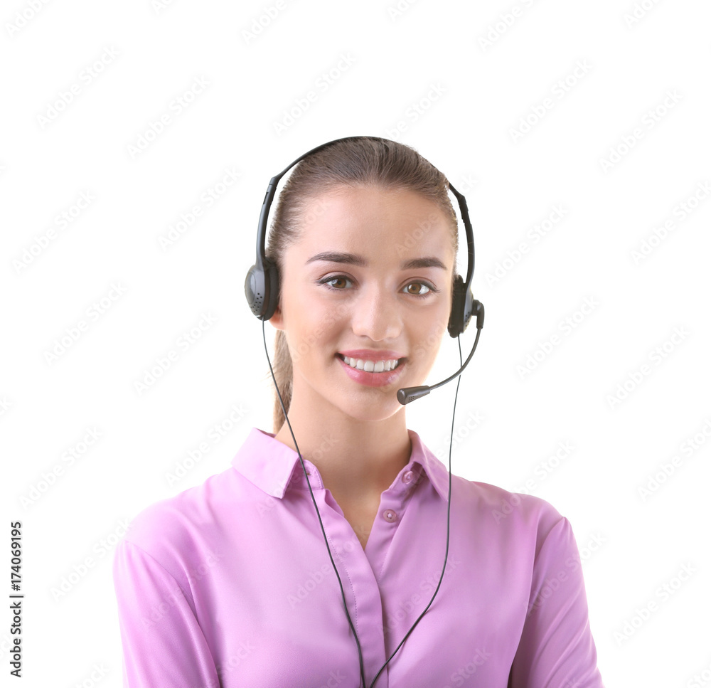 Young woman with headset on white background Young woman with headset on white background