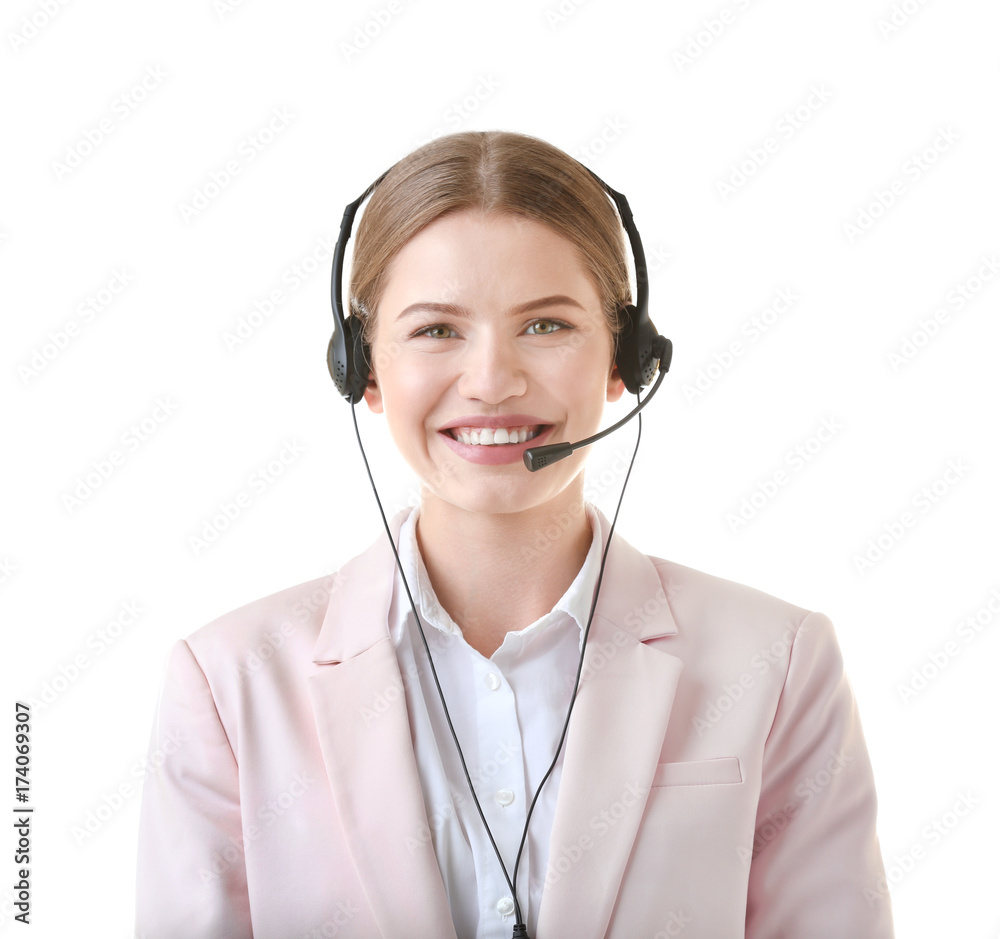 Young woman with headset on white background Young woman with headset on white background