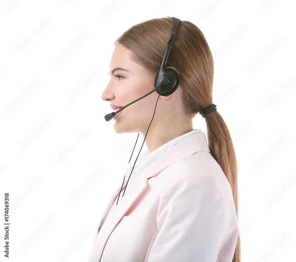 Young woman with headset on white background Young woman with headset on white background