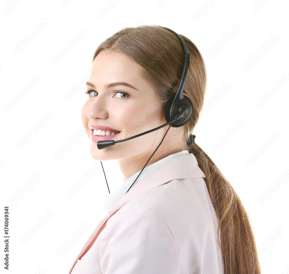 Young woman with headset on white background Young woman with headset on white background