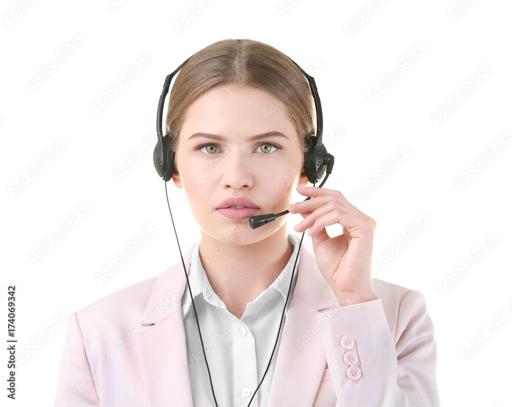 Young woman with headset on white background Young woman with headset on white background