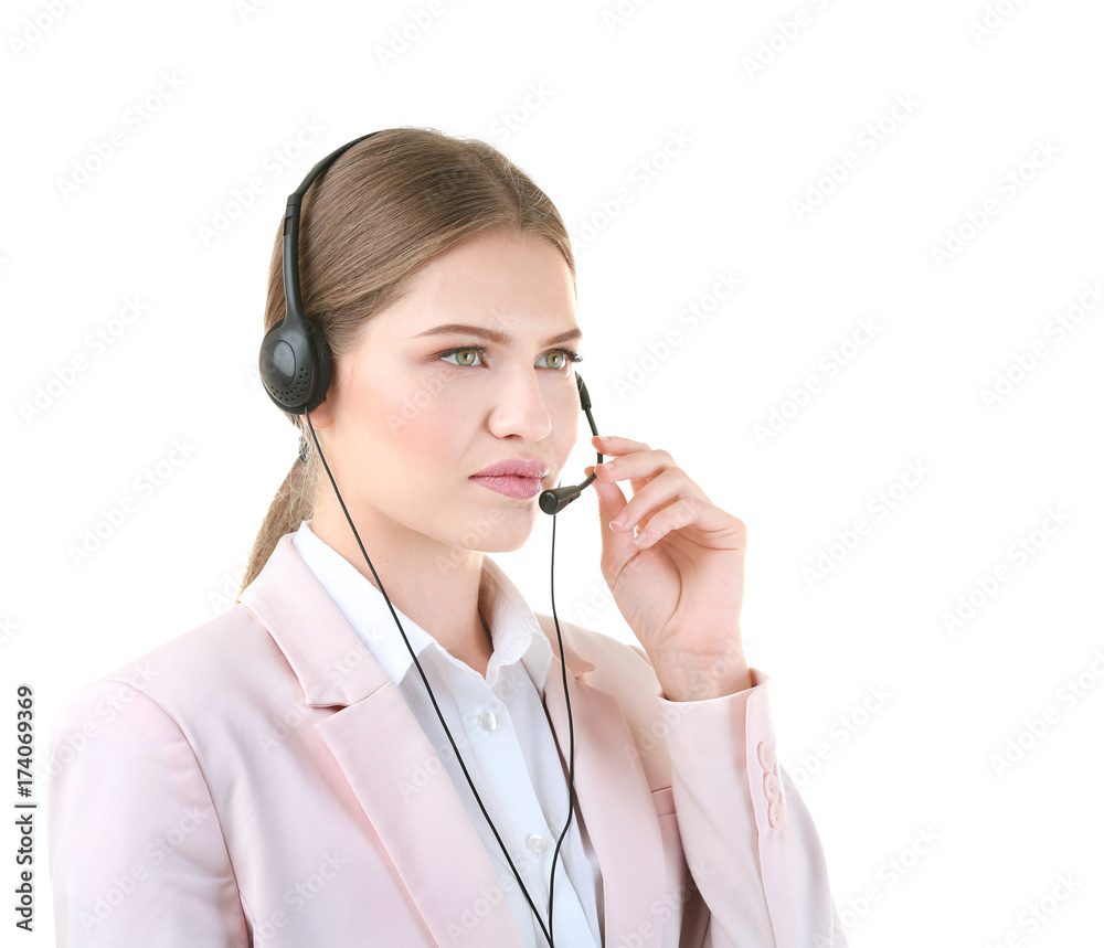 Young woman with headset on white background Young woman with headset on white background