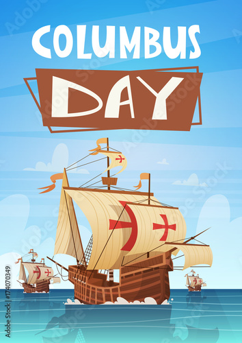 Happy Columbus Day National Usa Holiday Greeting Card With Ship In Ocean Sea Water Flat Vector Illustration