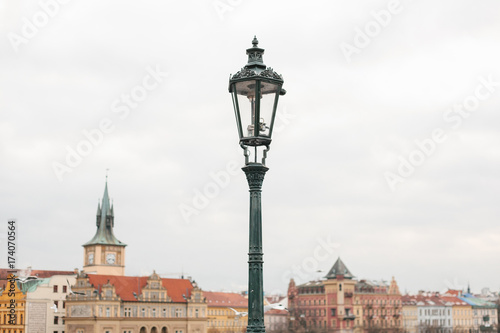 Lamppost on the Charles Bridge in Prague in the Czech Republic.