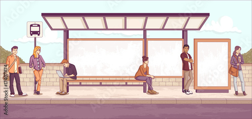 Passengers at bus stop. Cartoon people waiting for bus.
