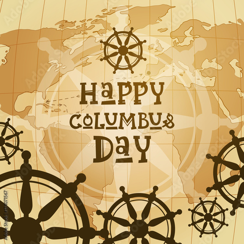 Happy Columbus Day National Usa Holiday Greeting Card With Steering Wheel And Anchor Over World Map Flat Vector Illustration