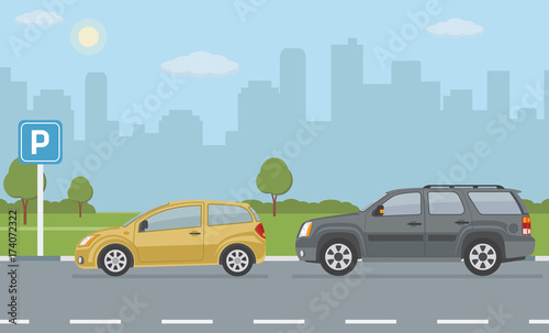Fototapeta Naklejka Na Ścianę i Meble -  Parking lot with two cars on city background. Vector illustration. 
