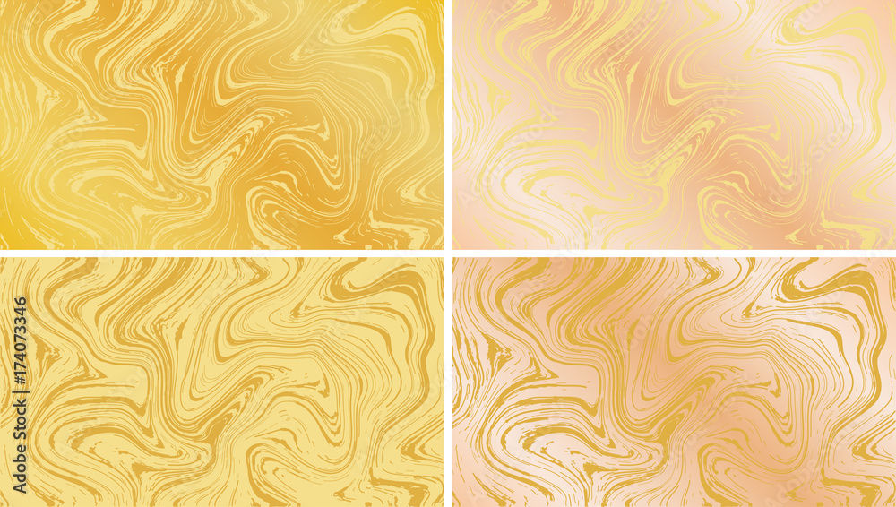 Vector Marble Texture in Gold and Rose Gold. Set of 4 Ink Marbling Paper Elegant Luxury Backgrounds. Liquid Metallic Paint Swirled Patterns. Japanese Suminagashi or Turkish Ebru Technique. HD format.
