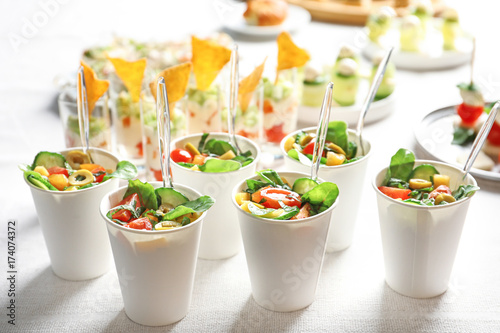 Tasty salad for baby shower party on table