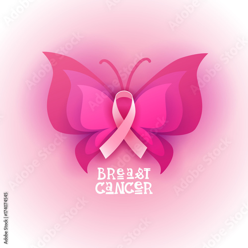 Pink Ribbon Butterfly Breast Cancer Awareness Banner Flat Vector Illustration