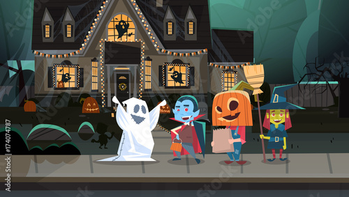Kids Wearing Monsters Costumes Walking In Town Tricks Or Treat Happy Halloween Banner Holiday Concept Vector Illustration
