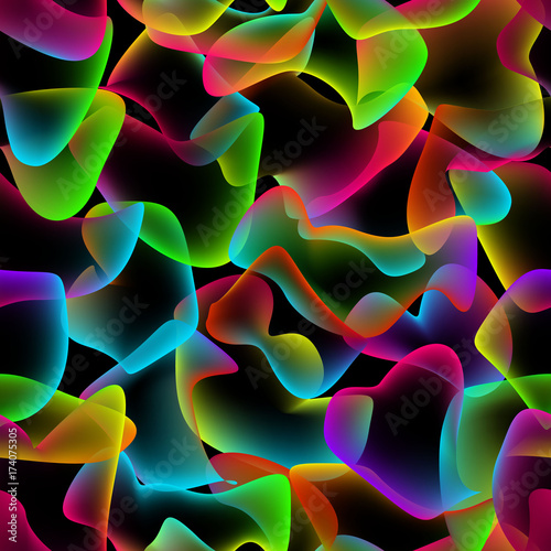 Neon Overlaping Shapes Seamless Pattern. Glow effect repeating background multicolor on black