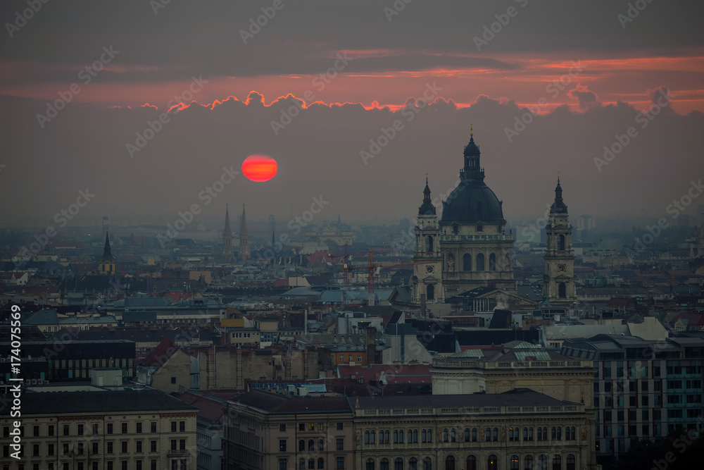 Budapest, Hungary - The famous Saint Stephen's Basilica with red sunrise in the city of Budapest