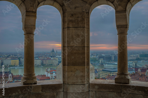 Budapest  Hungary - View from the Fisherman Bastion at sunrise with Szechenyi Chain Bridge and St.Stephen s Basilica on a cloudy morning