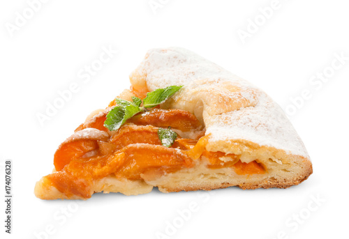 Piece of tasty apricot cake on white background