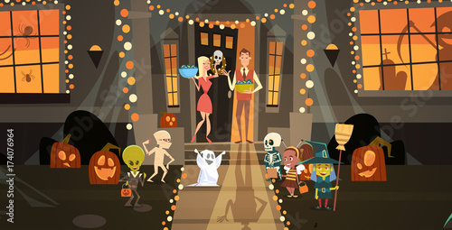 Kids Wearing Monsters Costumes Walking To House Get Candy Tricks Or Treat Happy Halloween Banner Holiday Concept Vector Illustration