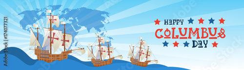 Happy Columbus Day National Usa Holiday Greeting Card With Ship In Ocean Flat Vector Illustration