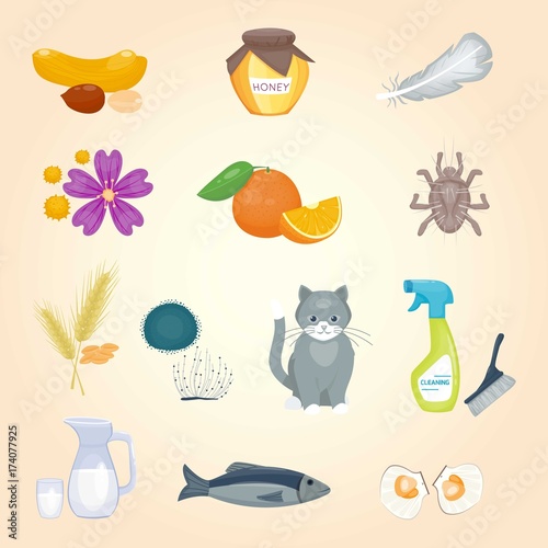 Allergy symbols disease healthcare food viruses health flat illness allergen symptoms disease information vector illustration.