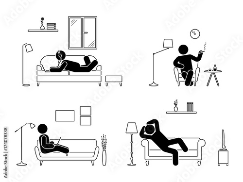 Stick figure resting at home position set. Sitting, lying, smoking cigarette, listening to music, using laptop, drinking whiskey vector icon relaxing posture on sofa and armchair. Furniture pictogram