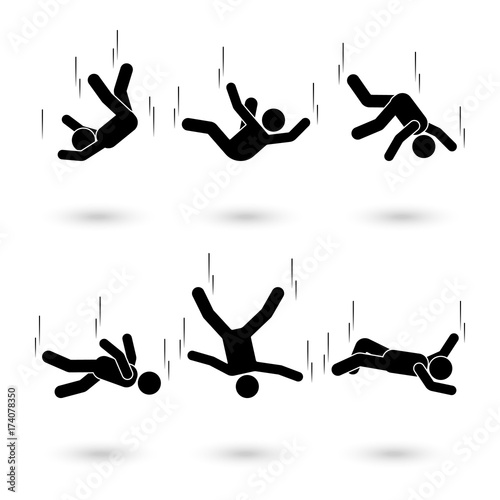 Falling man stick figure pictogram. Different positions of flying person icon set symbol posture on white