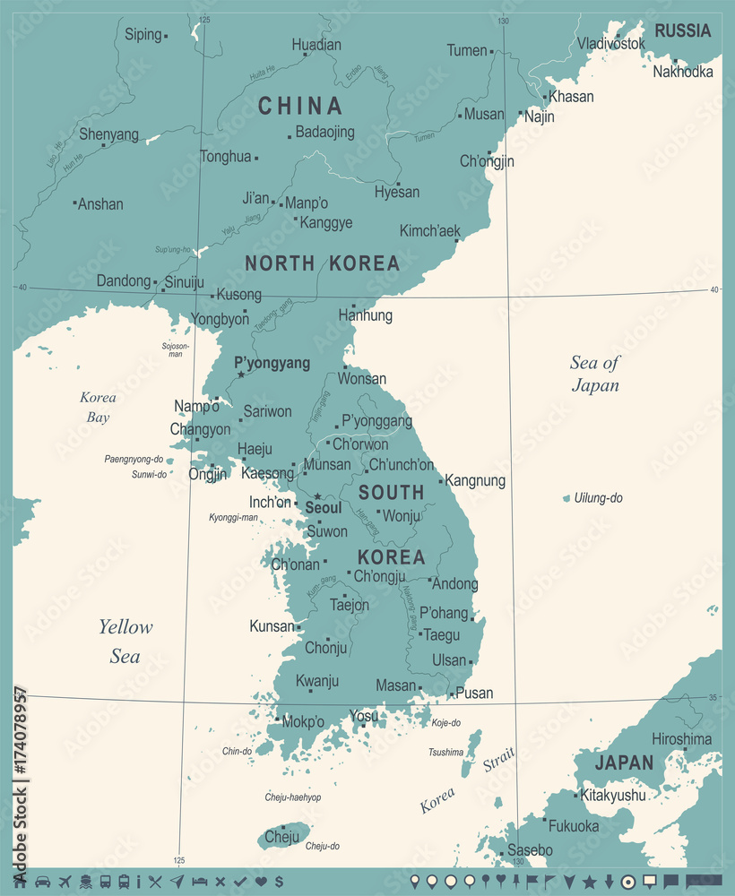 Obraz premium Mapa Półwyspu Koreańskiego - Vintage ilustracji wektorowych