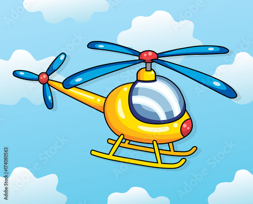 Yellow helicopter on a sky background. Vector illustration.