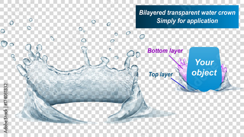 Transparent water crown consist of two layers: top and bottom. Splash of water in gray colors, isolated on transparent background. Transparency only in vector file