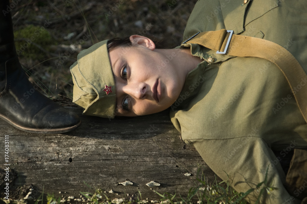 Fototapeta premium Woman in uniform of the Red Army of the Second World War.