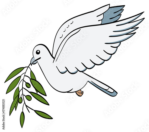 Dove in flight holding an Olive Branch in its beak.