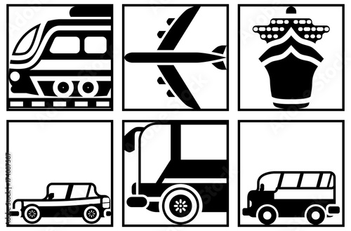 black and white vector icons of all kinds of transport