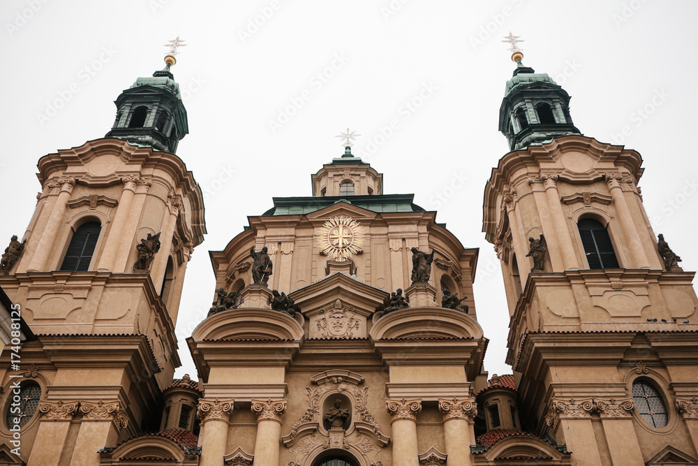 Exterior of the Church of St. Nicholas in the Old Town Square in Prague, Czech Republic. Architecture. Religious building.