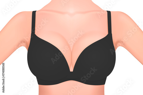 Beautiful realistic female breast in a black bra close-up isolated on white  background. Design template. Women health, intimate hygiene, Breast Cancer  Awareness concept. Stock vector mockup. EPS10. Stock Vector