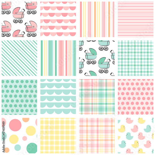 Seamless baby patterns. 16 repeating patterns for baby shower, card, invitation, announcement, gift wrap and more. Baby stroller, duck, polka dot, stripe, gingham, plaid and bunting prints. 