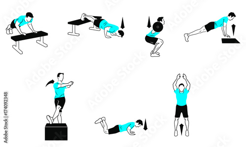 assisted pushup, weighted pushup, barbell squat, plyometric pushup, opposite side bicep femoris, knee pushups, squat jump
