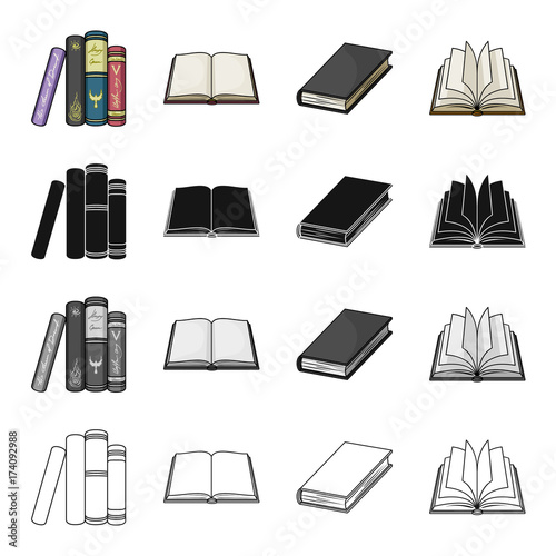 Different types of books, literature, textbook, dictionary. Book set collection icons in cartoon black monochrome outline style vector symbol stock illustration web.
