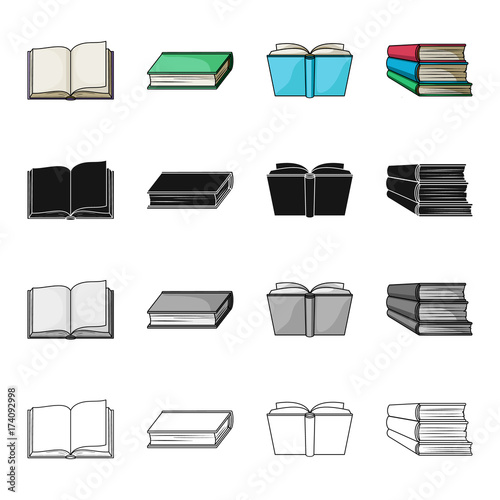 Different types of books, literature, textbook, dictionary. Book set collection icons in cartoon black monochrome outline style vector symbol stock illustration web.