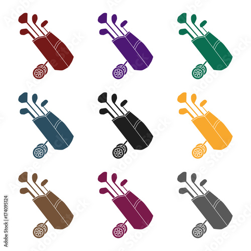 Golf bag on wheels with clubs icon in black style isolated on white background. Golf club symbol stock vector illustration.