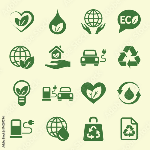 ecology protection green icons set