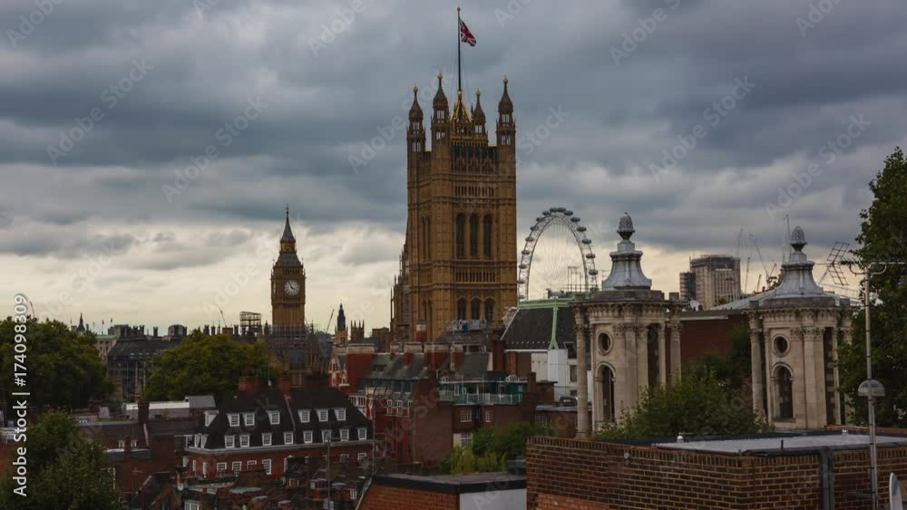 Big Ben Westminster and Victoria Tower in London, Time-Lapse.
Rooftop shot with the London Eye.