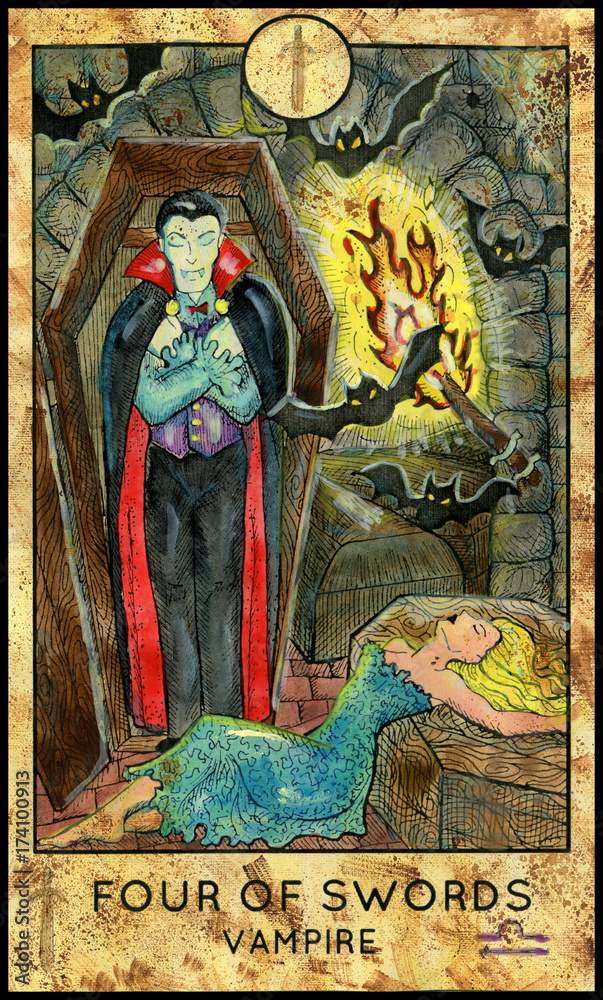 Naklejka premium Vampire Dracula. Minor Arcana Tarot Card. Four of Swords