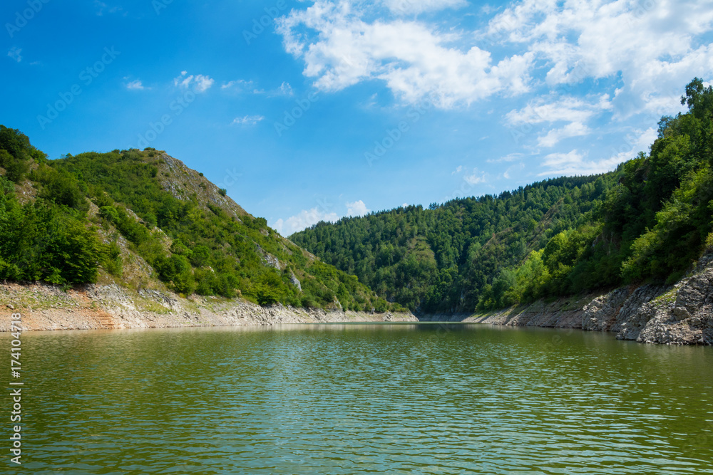Uvac, Serbia august 03,2017: Rocky landscape of river Uvac gorge at sunny summer 