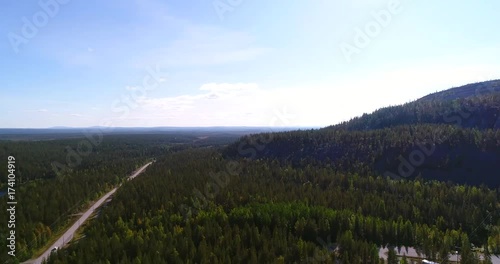 Fjeld mountain, Cinema 4k aerial pan view revealing pyhatunturi ski resort, in the arctic taiga wilderess of Lapland, in Lappi, Finland photo