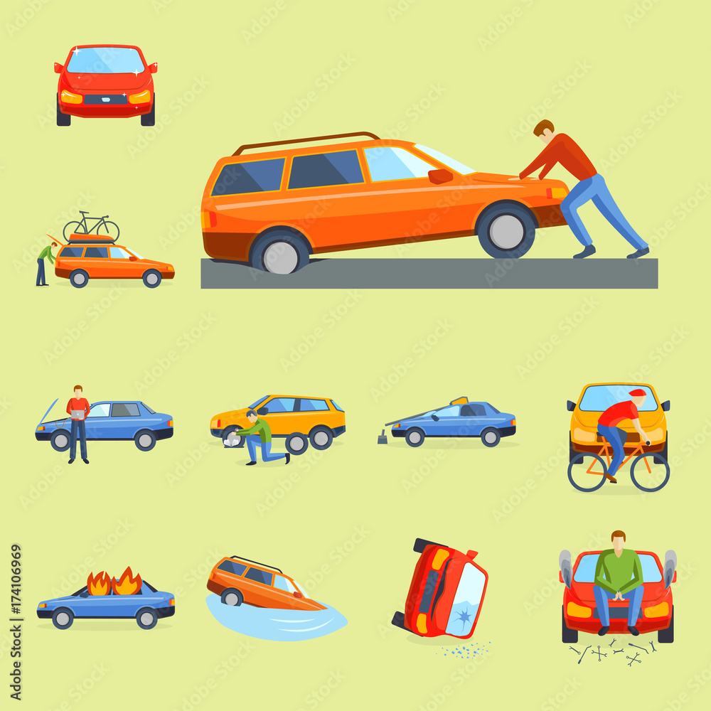 Naklejka premium Car crash collision traffic insurance safety automobile emergency disaster and emergency disaster speed repair transport vector illustration.