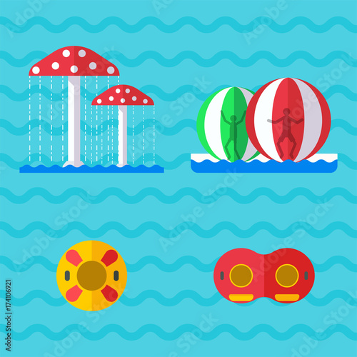 Water aquapark playground with slides and splash pads for family fun vector illustration.