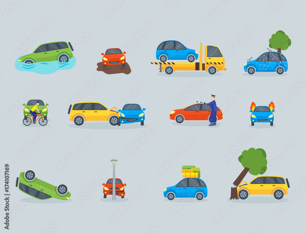 Naklejka premium Car crash collision traffic insurance safety automobile emergency disaster and emergency repair transport vector illustration.