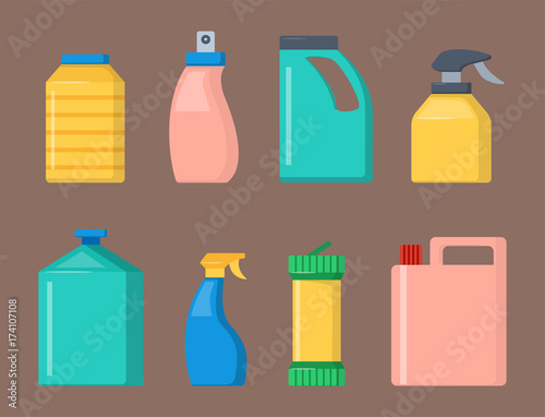 Bottles of household chemicals supplies cleaning housework liquid domestic fluid cleaner pack vector illustration.