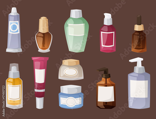 Bottles of cosmetic cosmetology lotion makeup beauty plastic liquid cream container fluid pack vector illustration.