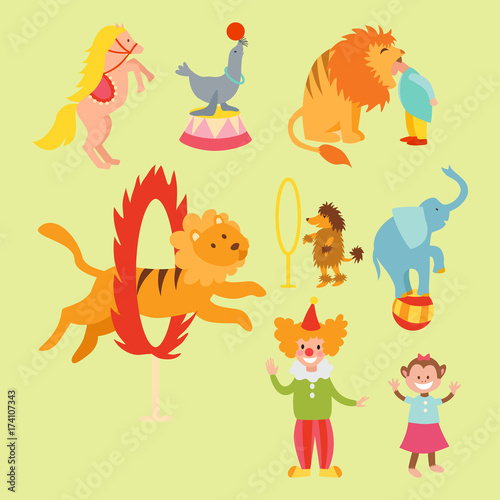 Circus funny animals set of vector icons cheerful zoo entertainment collection juggler pets magician performer carnival illustration.