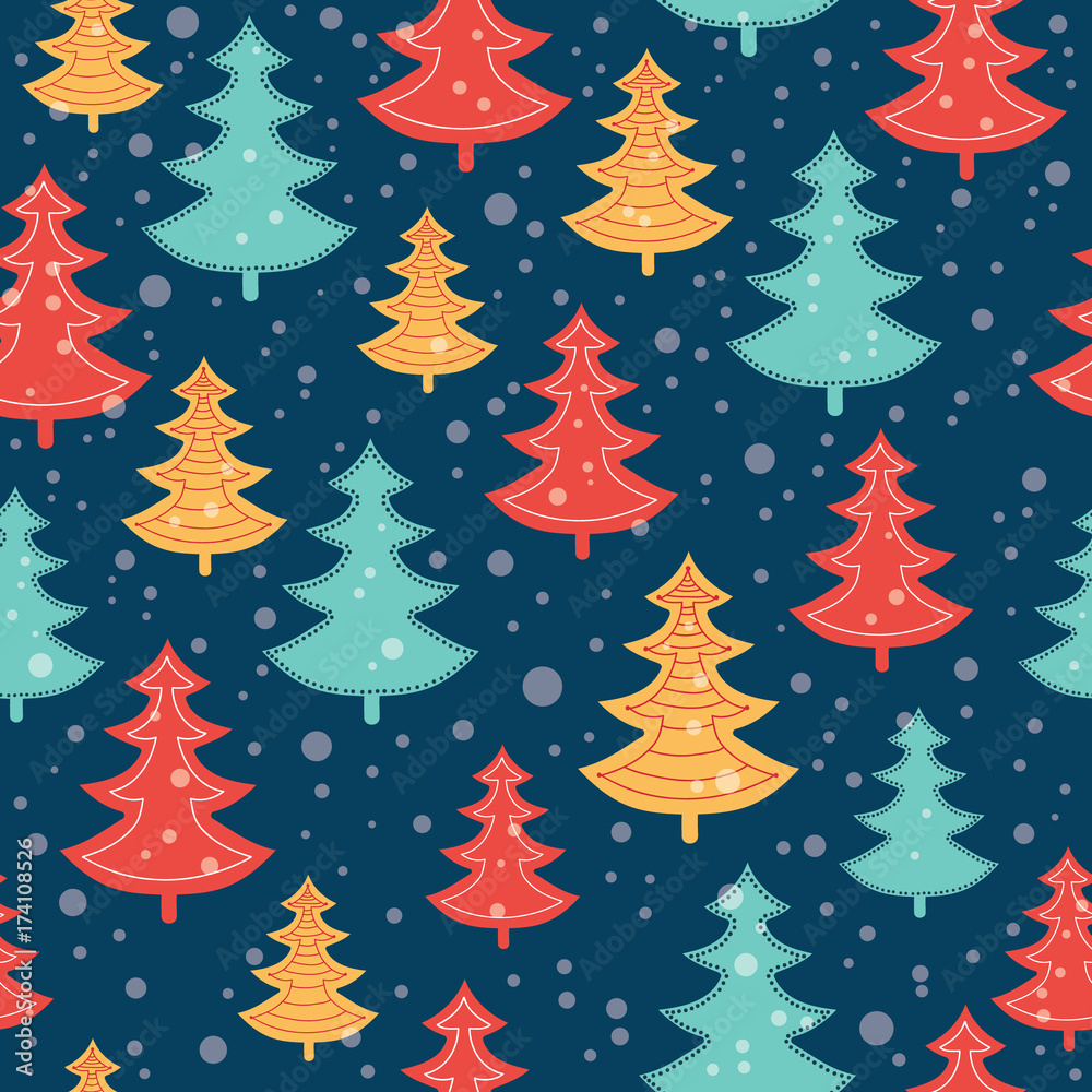 Vector blue, red, and yellow scattered christmas trees winter holiday seamless pattern on dark blue background. Great for fabric, wallpaper, packaging, giftwrap.